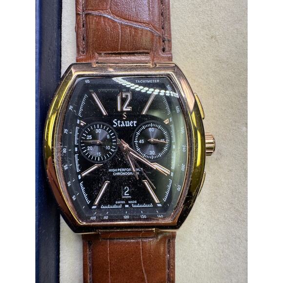 Stauer Men´s Cognac Tonneau Swiss Watch Chronograph Brown Leather Strap Working main image 5
